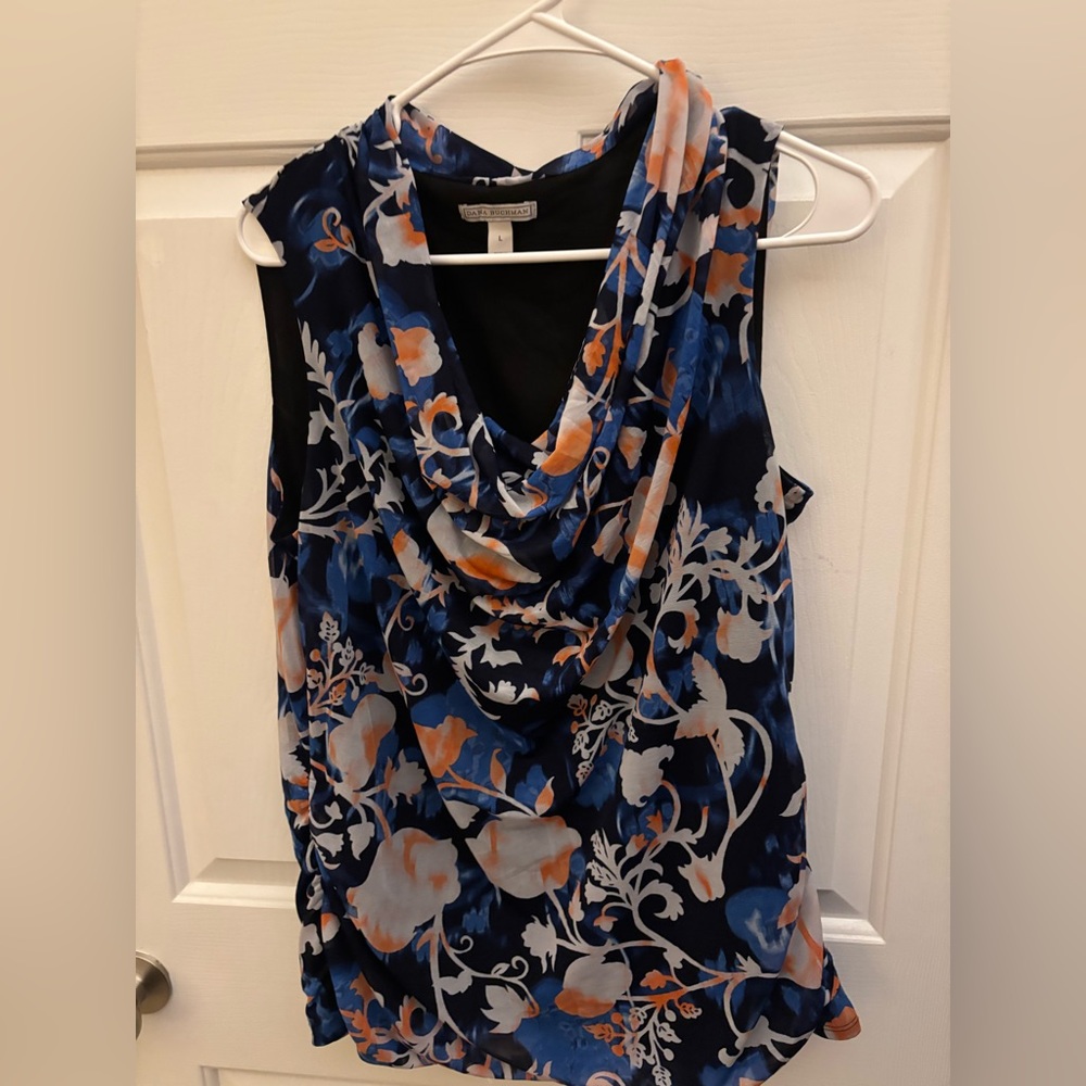 🎆5 for $25 Dana Buchman Navy and Orange Floral Cowl Neck Blouse